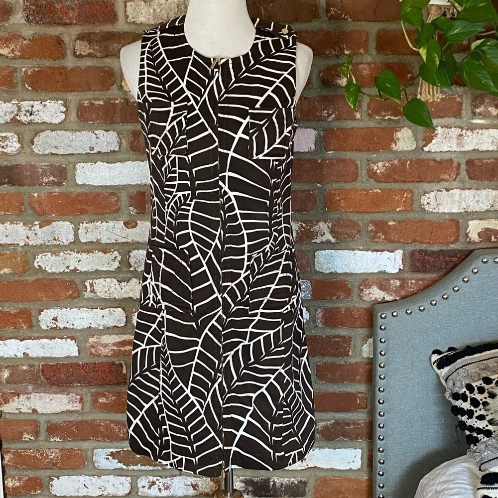 Tory Burch Brown Shift Dress White Leaf Print Sleeveless Corduroy Dress Size 6